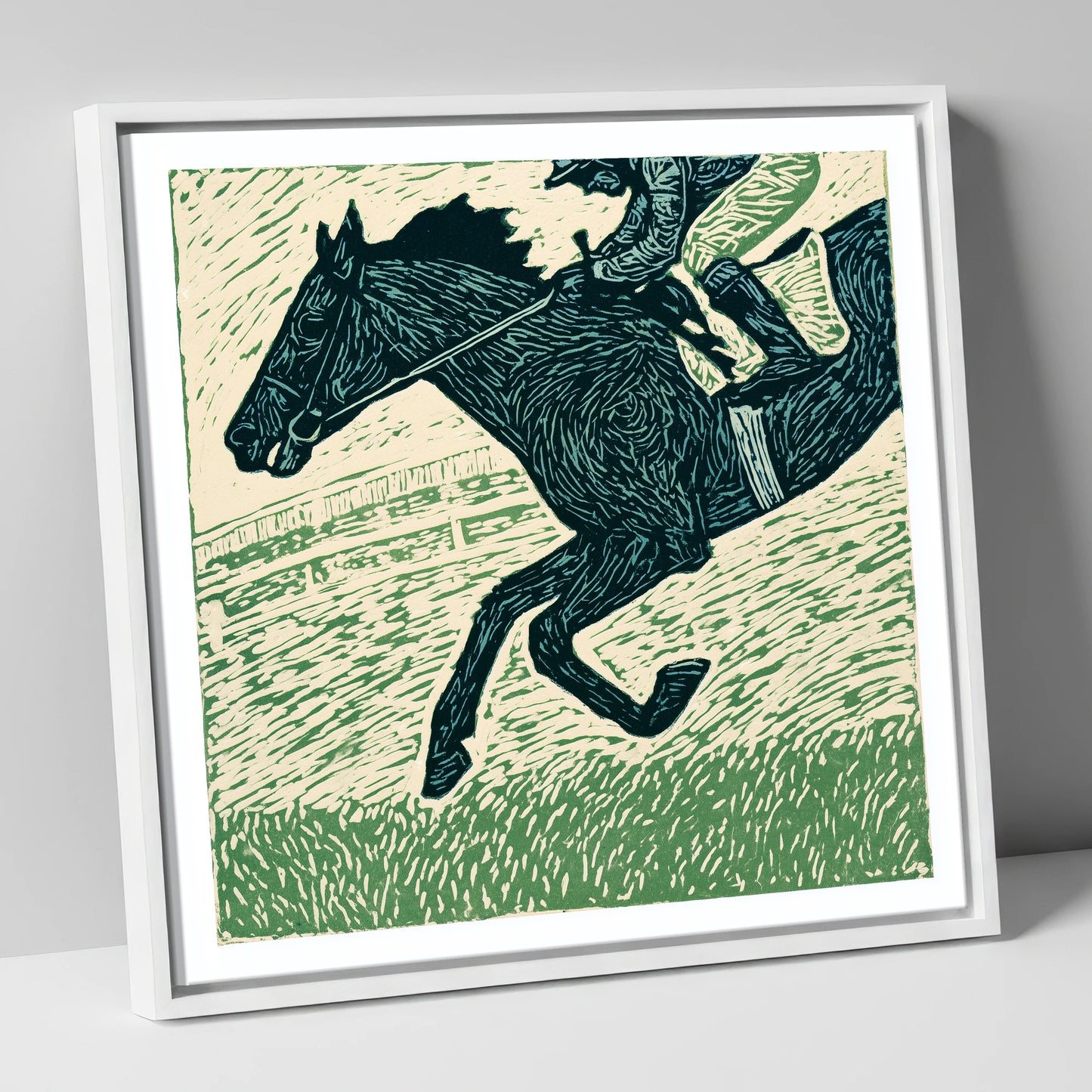Thunder on the Turf racing horse canvas wall art in white frame