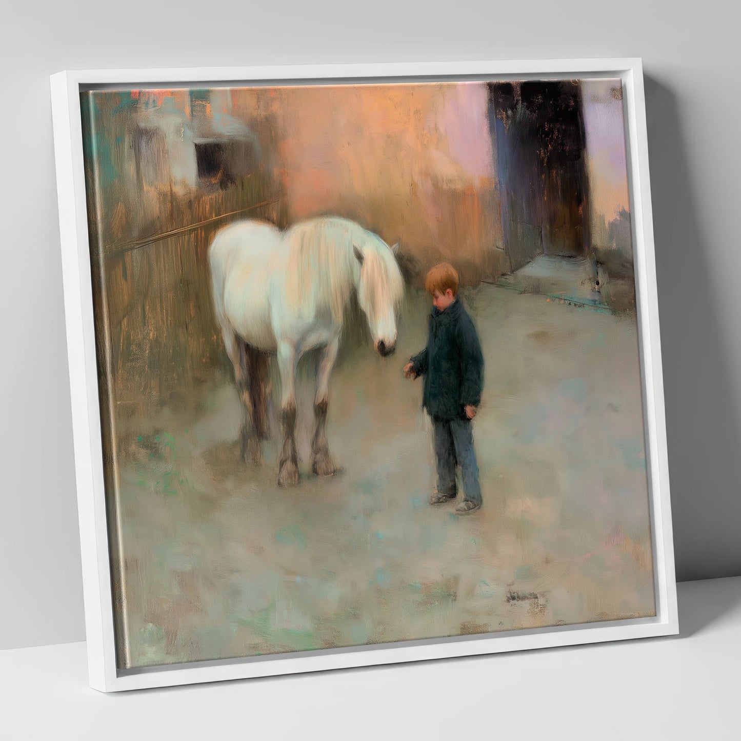 A Quiet Understanding horse & rider canvas wall art in white frame
