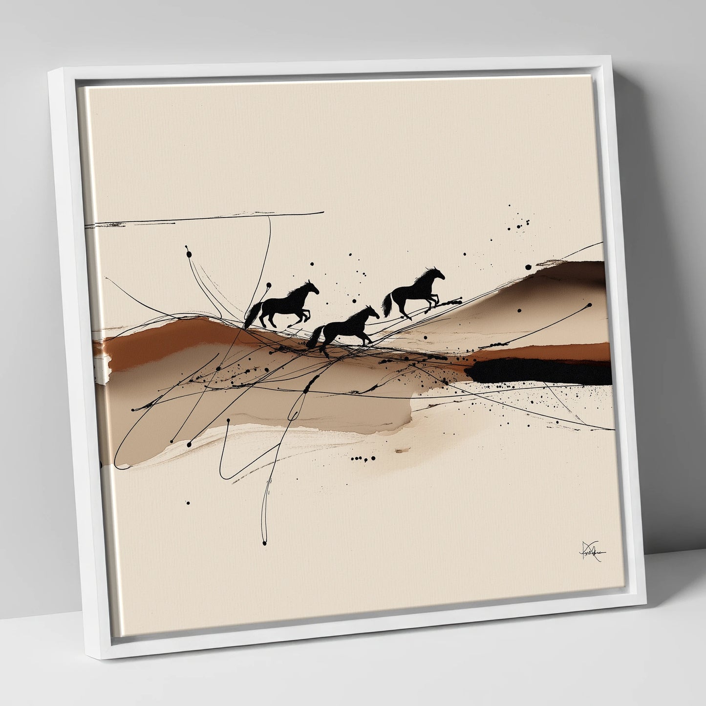 Abstract Sepia Gallop wild horses canvas wall art in white frame