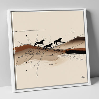 Abstract Sepia Gallop wild horses canvas wall art in white frame