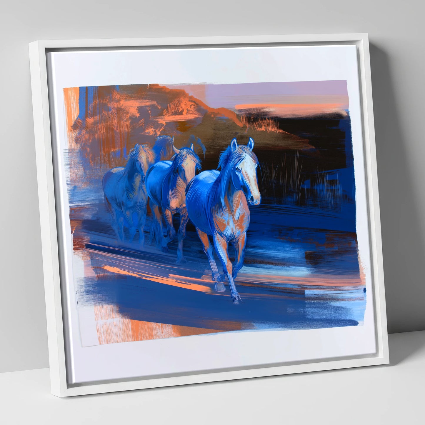 Cobalt Dawn Herd wild horses canvas wall art in white frame