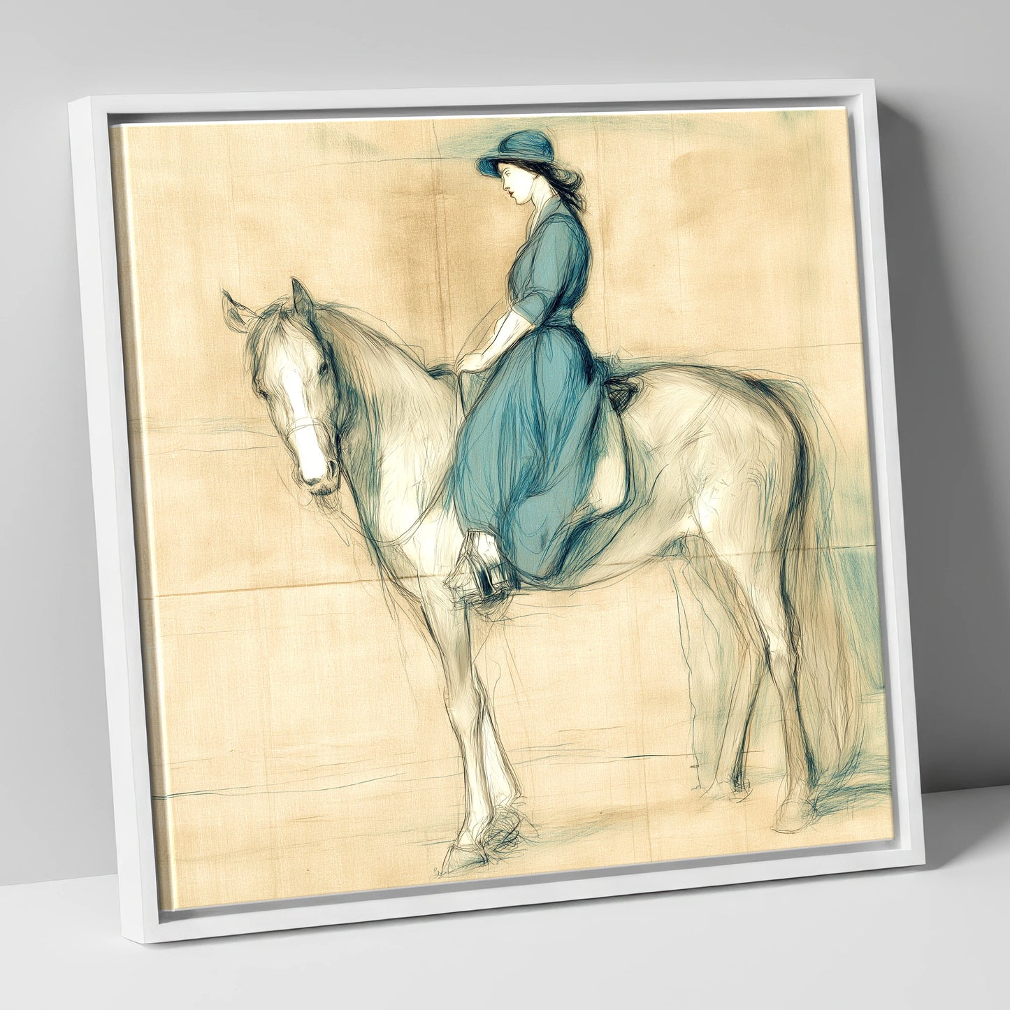 The Lady in Teal horse & rider canvas wall art in white frame