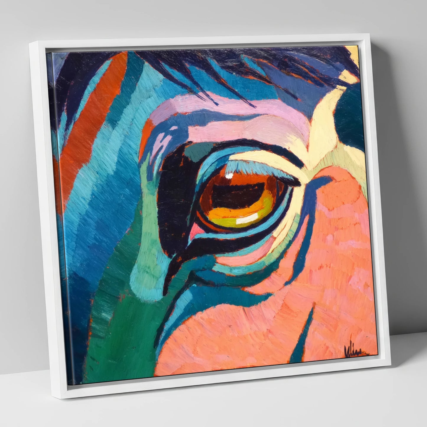 Vibrant Equine Gaze horse portrait canvas wall art in white frame