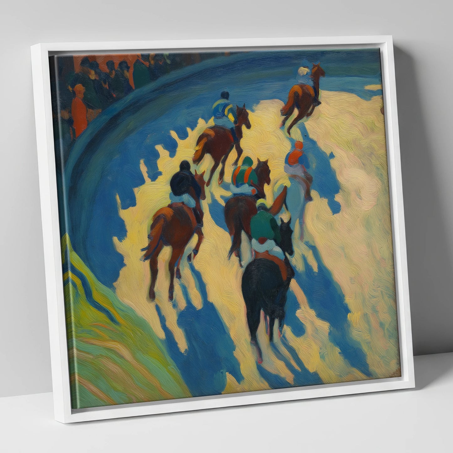 Shadows on the Bend racing horse canvas wall art in white frame
