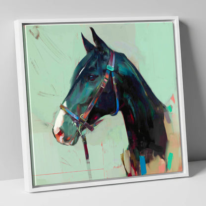 Midnight Profile in Teal horse portrait canvas wall art in white frame