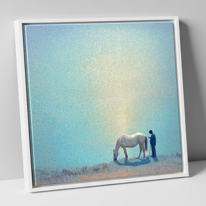 Beside Still Waters horse & rider canvas wall art in white frame