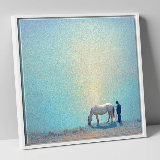 Beside Still Waters horse & rider canvas wall art in white frame