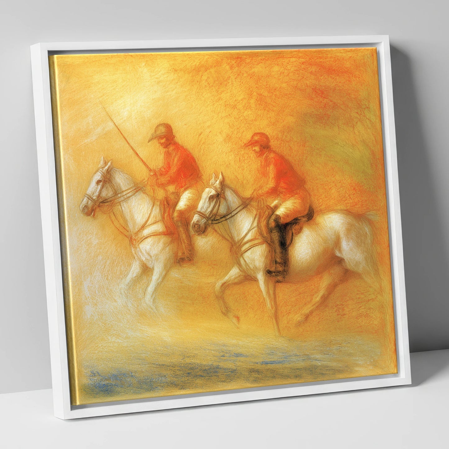 Golden Hour Polo polo horse canvas wall art in white frame