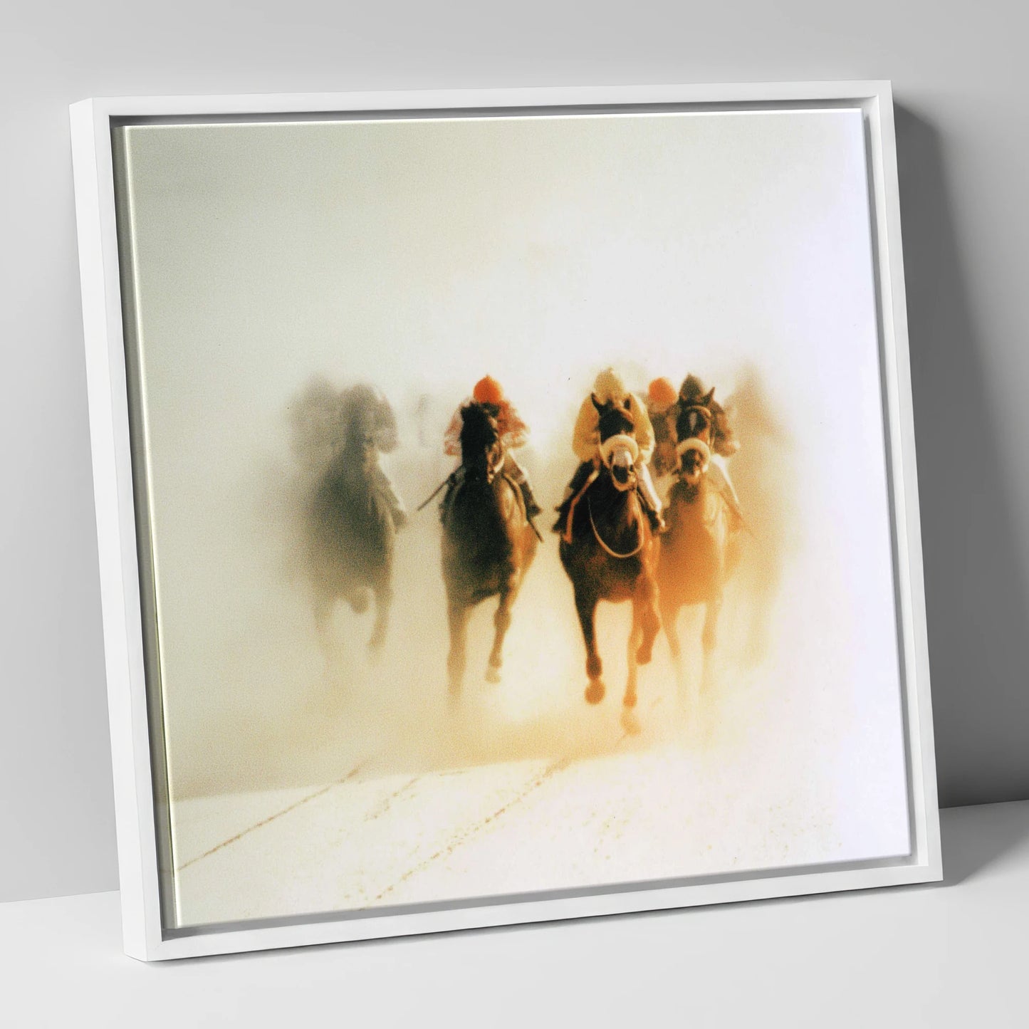 Emerging From The Mist racing horse canvas wall art in white frame