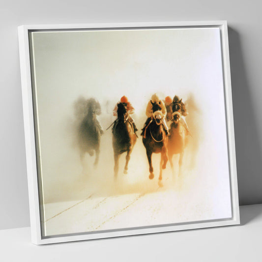 Emerging From The Mist racing horse canvas wall art in white frame