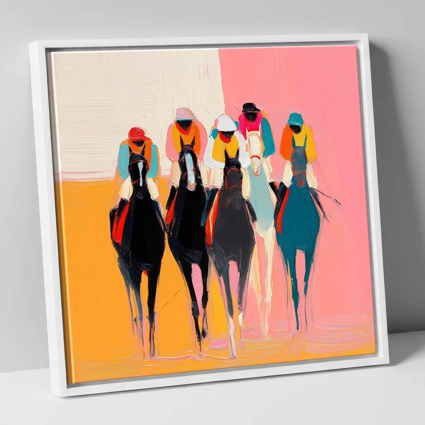 Charge to the Line racing horse canvas wall art in white frame