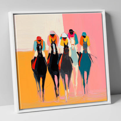 Charge to the Line racing horse canvas wall art in white frame