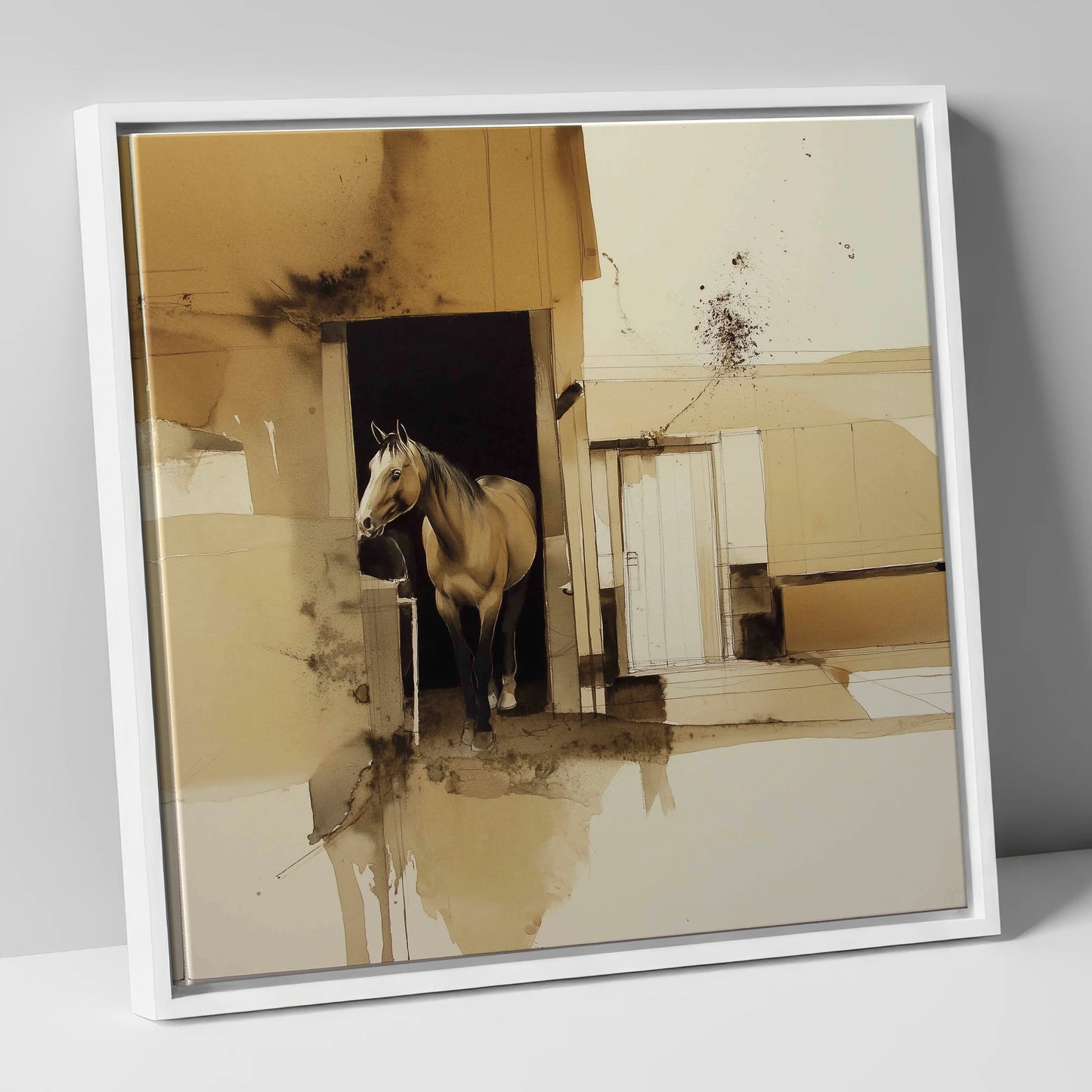 Sepia Stable Threshold horse stable canvas wall art in white frame