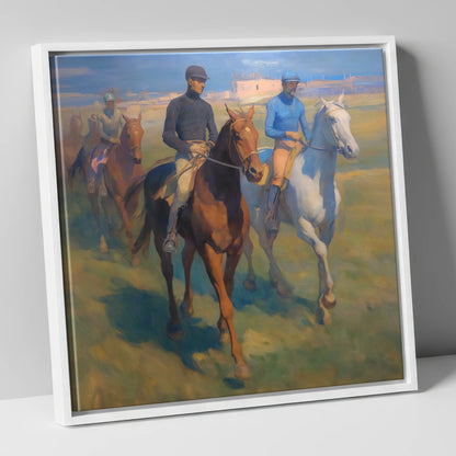 The Dawn String racing horse canvas wall art in white frame