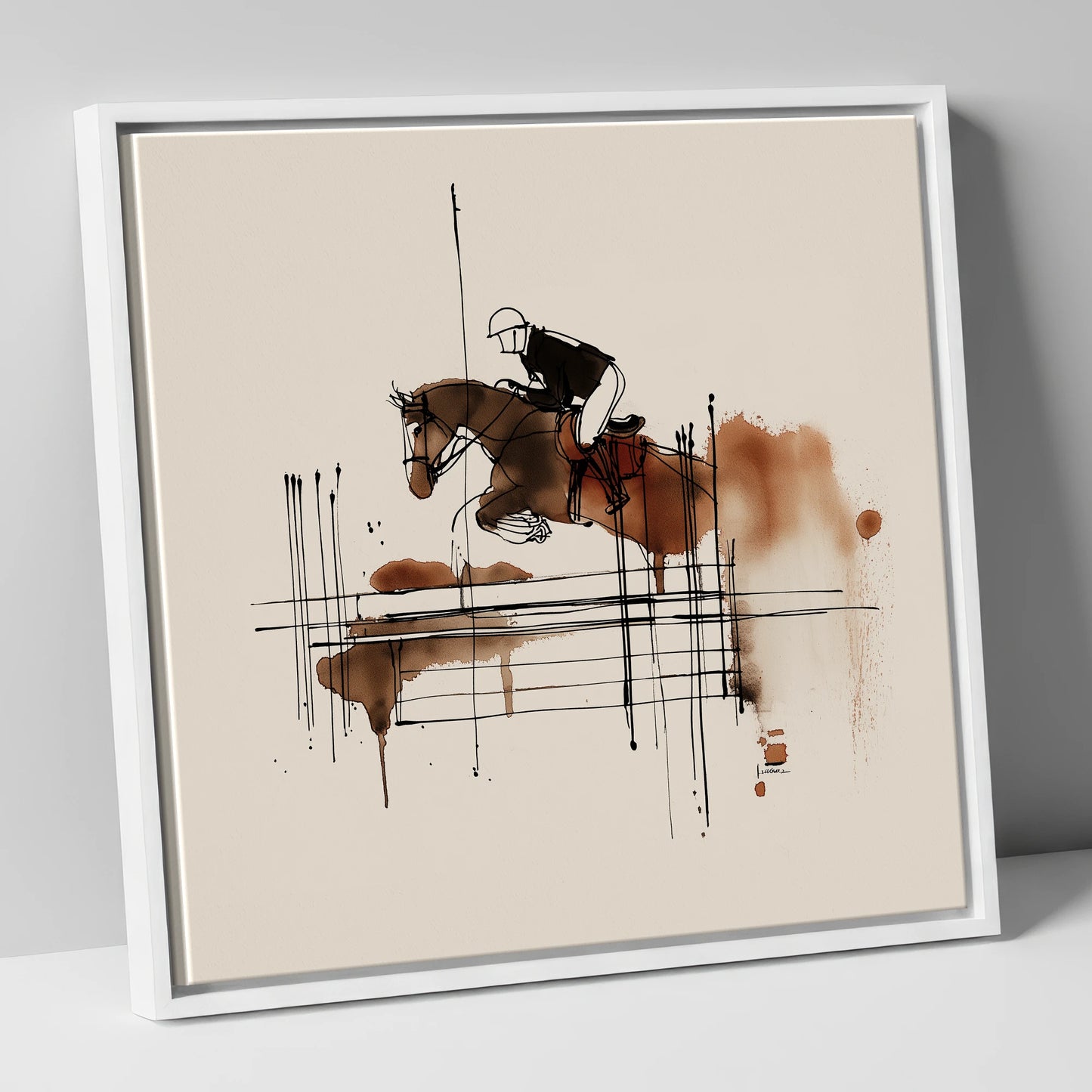 Fluidity in Flight show jumping horse canvas wall art in white frame