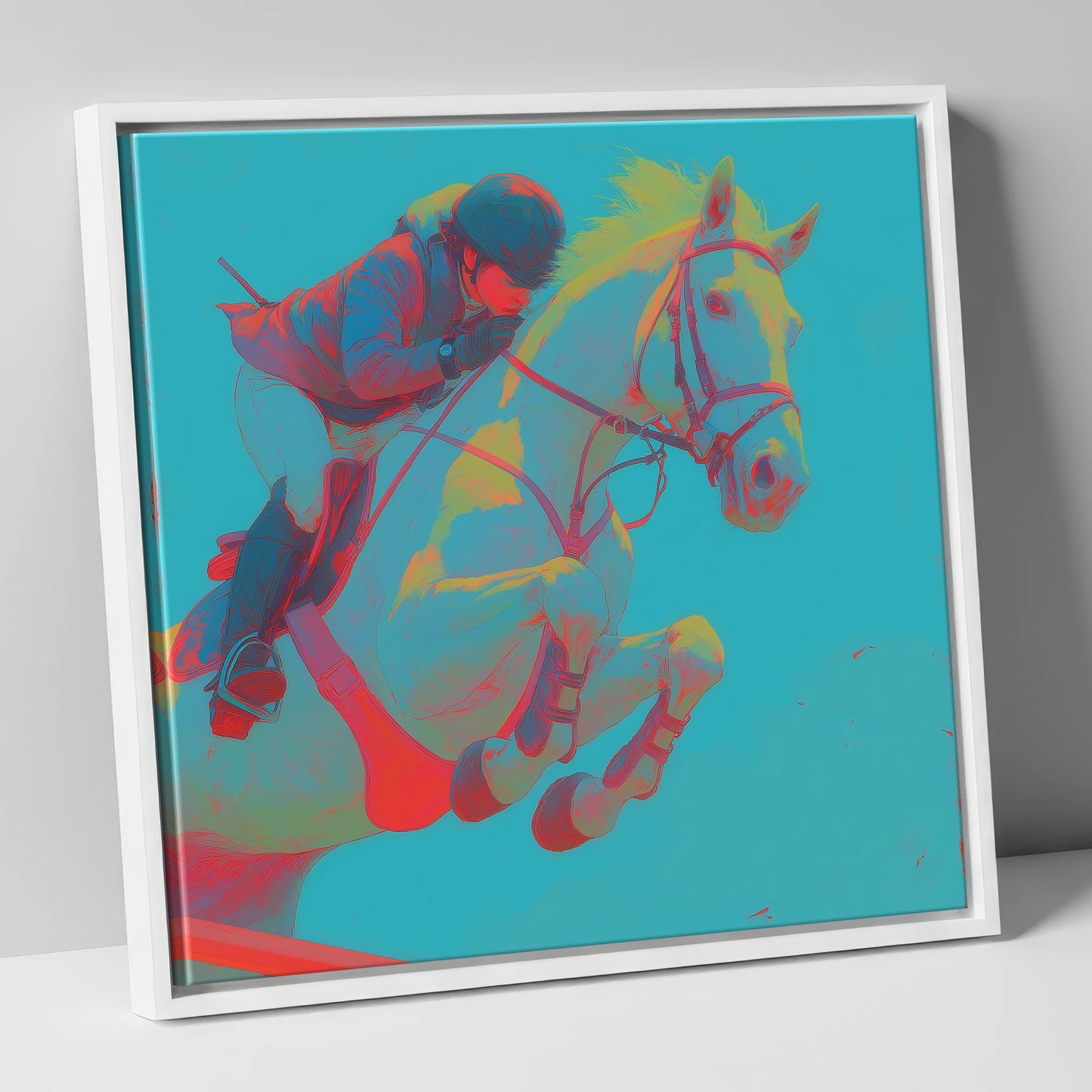 Vivid Airtime show jumping horse canvas wall art in white frame