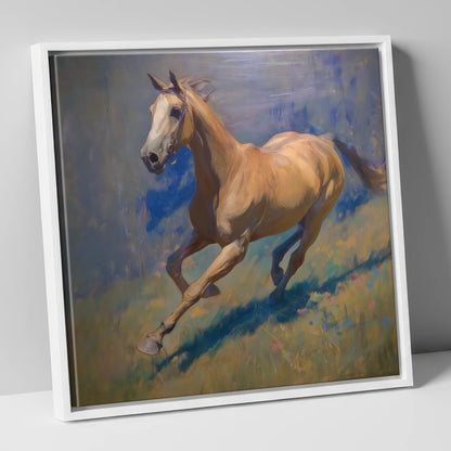 Golden Stride racing horse canvas wall art in white frame