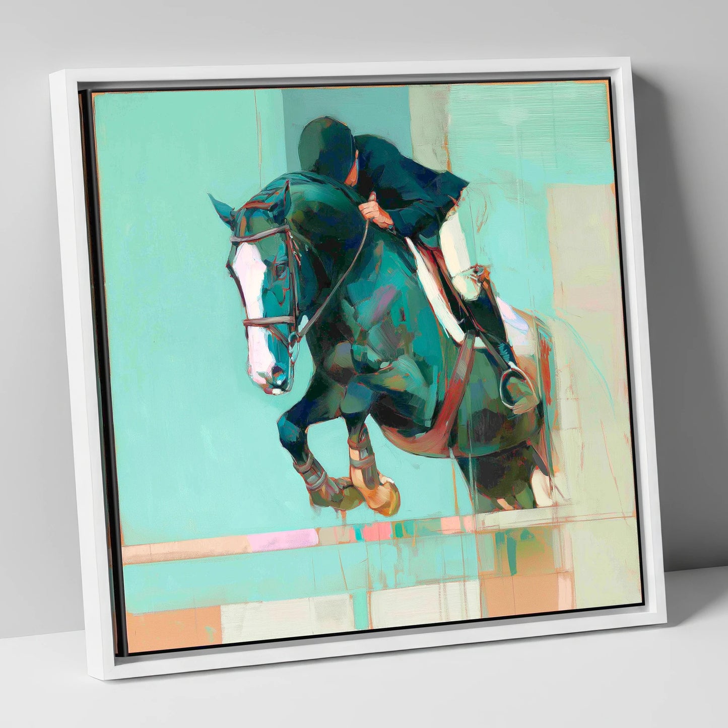 Suspended in Teal show jumping horse canvas wall art in white frame