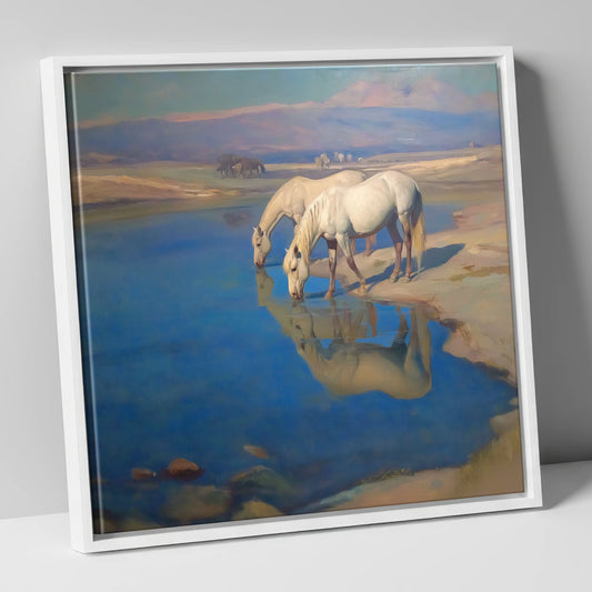 Reflections in Azure wild horses canvas wall art in white frame