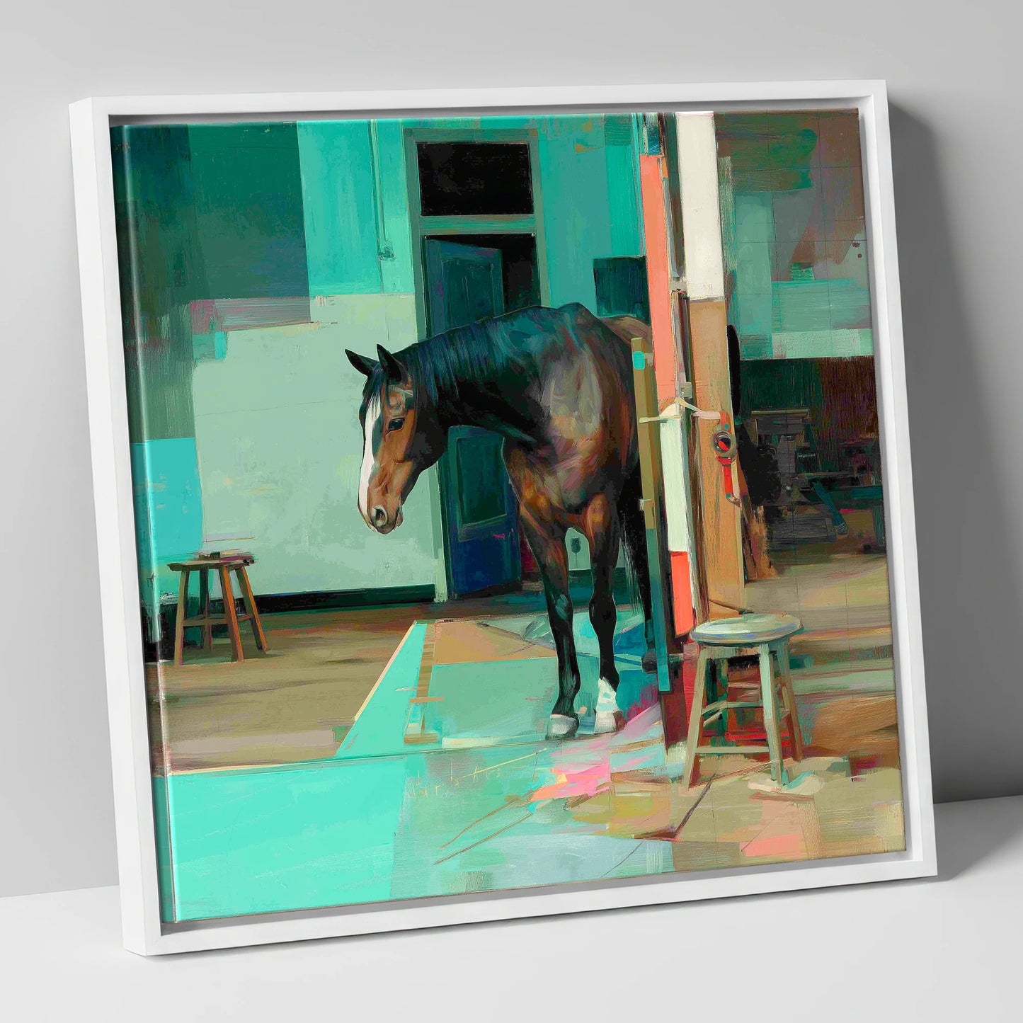 Quiet Yard in Teal horse stable canvas wall art in white frame