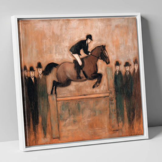 Flight Over Timber show jumping horse canvas wall art in white frame