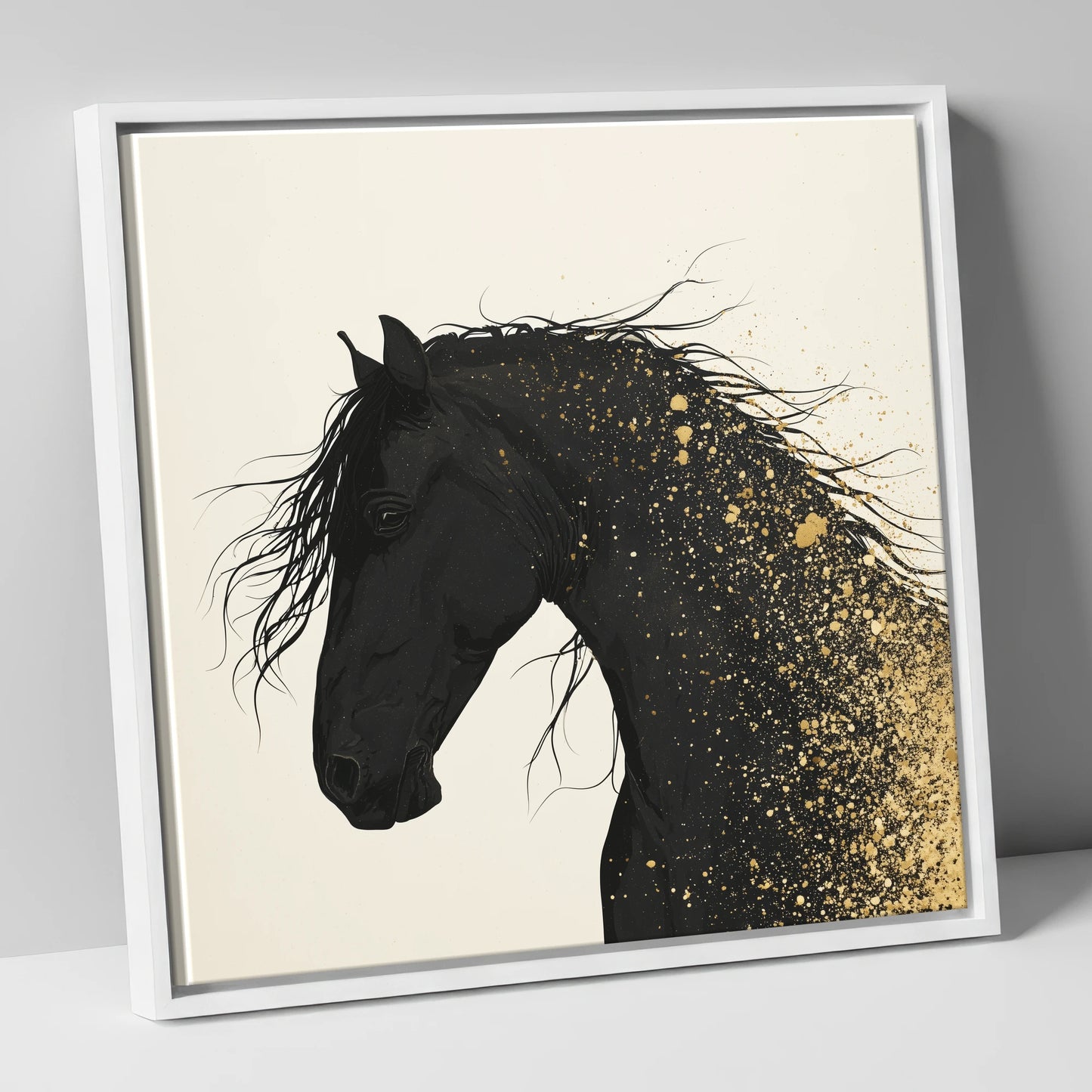 Gilded Midnight horse breed canvas wall art in white frame