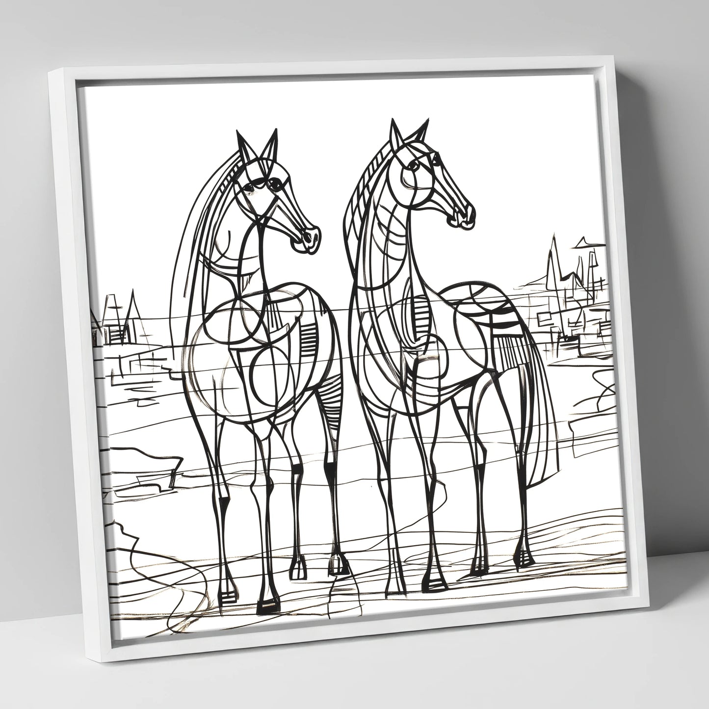 Architectural Equine Duo horse landscape canvas wall art in white frame