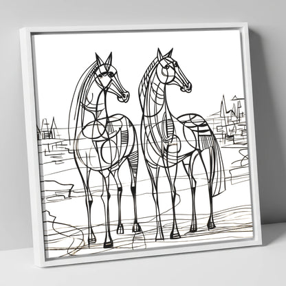 Architectural Equine Duo horse landscape canvas wall art in white frame