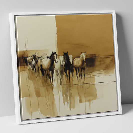 Sepia Herd Advancing wild horses canvas wall art in white frame