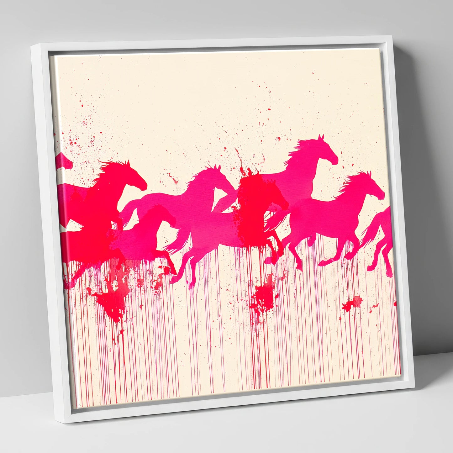 Vivid Magenta Herd wild horses canvas wall art in white frame