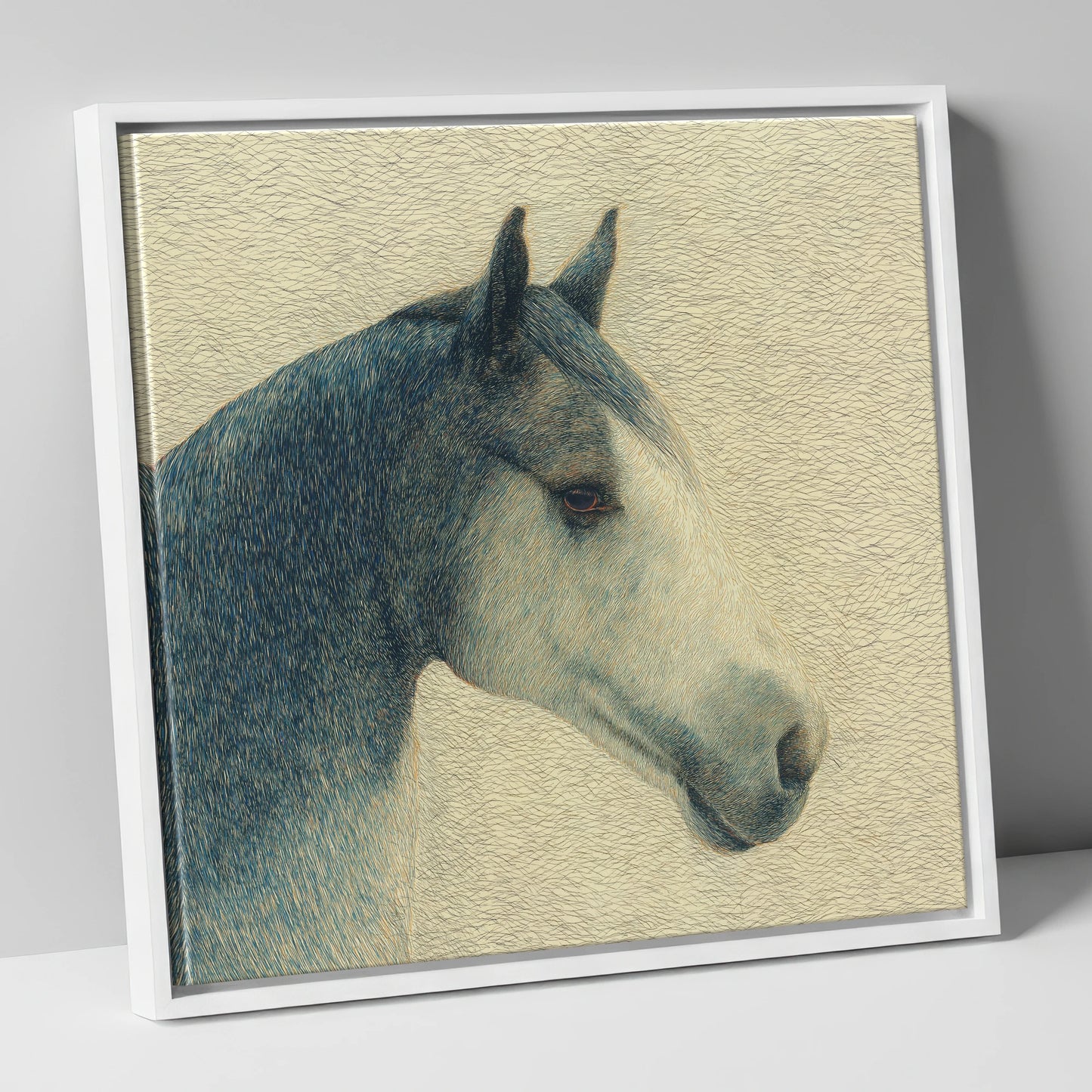 Serene Slate Profile horse portrait canvas wall art in white frame