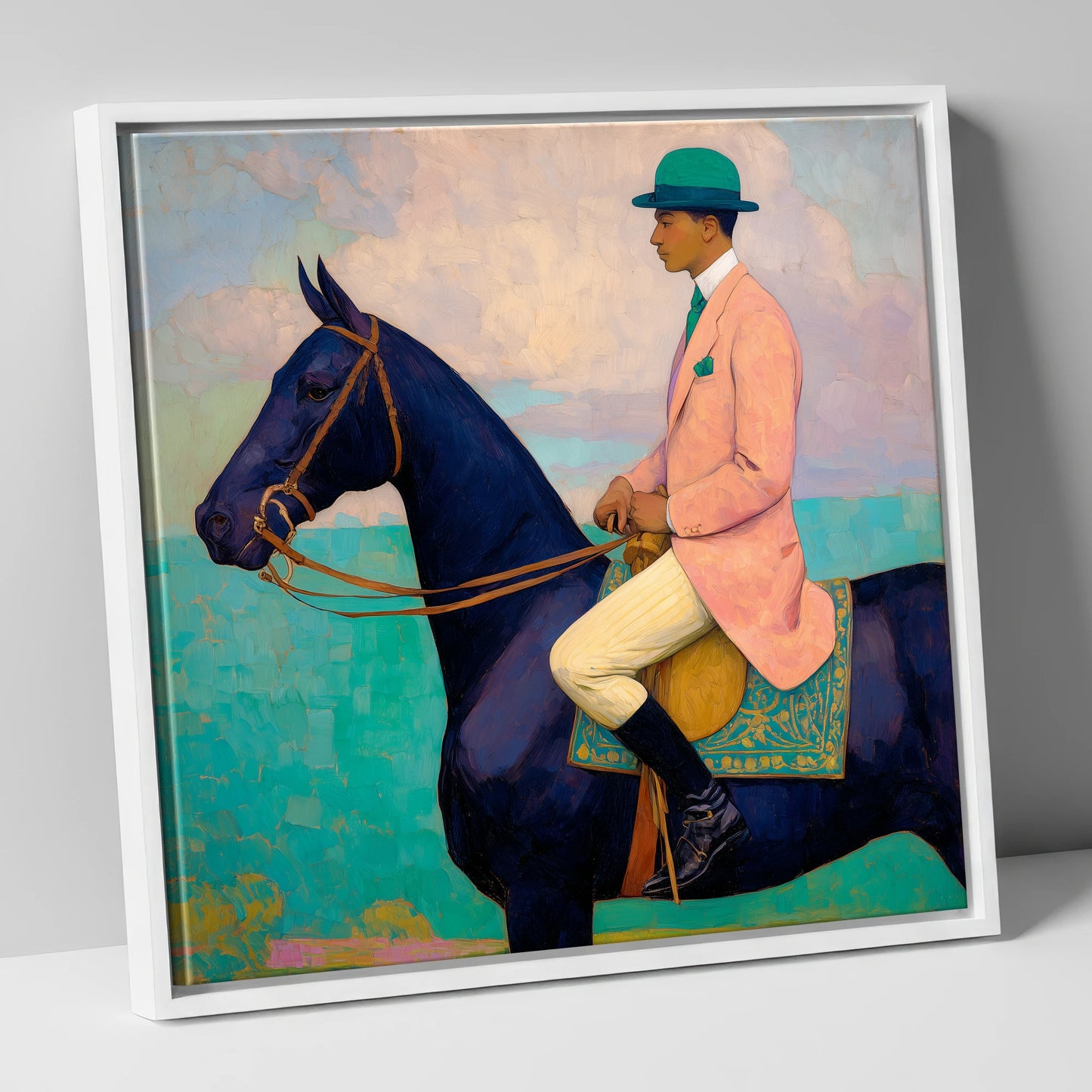 The Vivid Rider racing horse canvas wall art in white frame