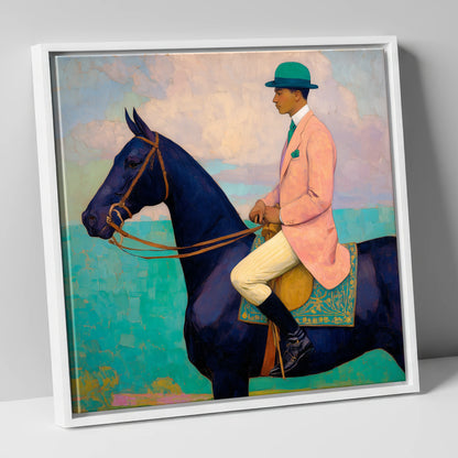 The Vivid Rider racing horse canvas wall art in white frame