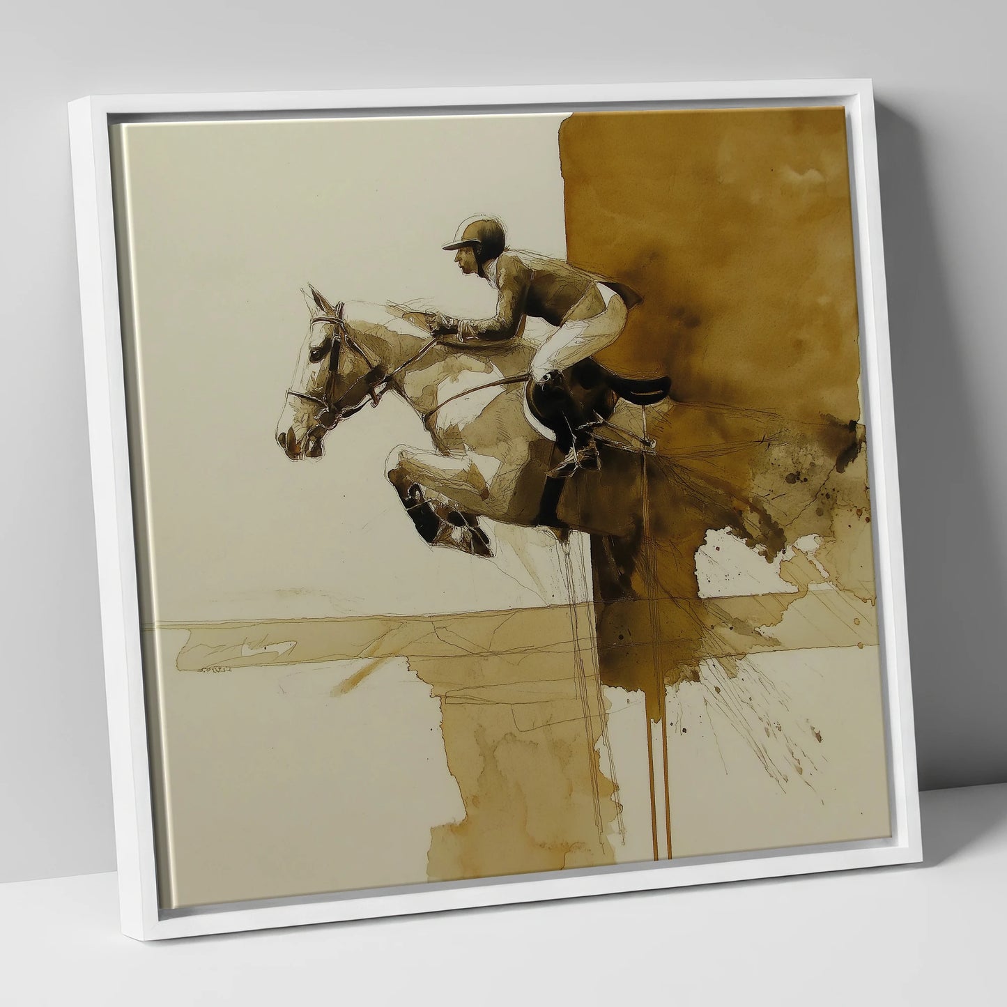 Airborne in Sepia show jumping horse canvas wall art in white frame