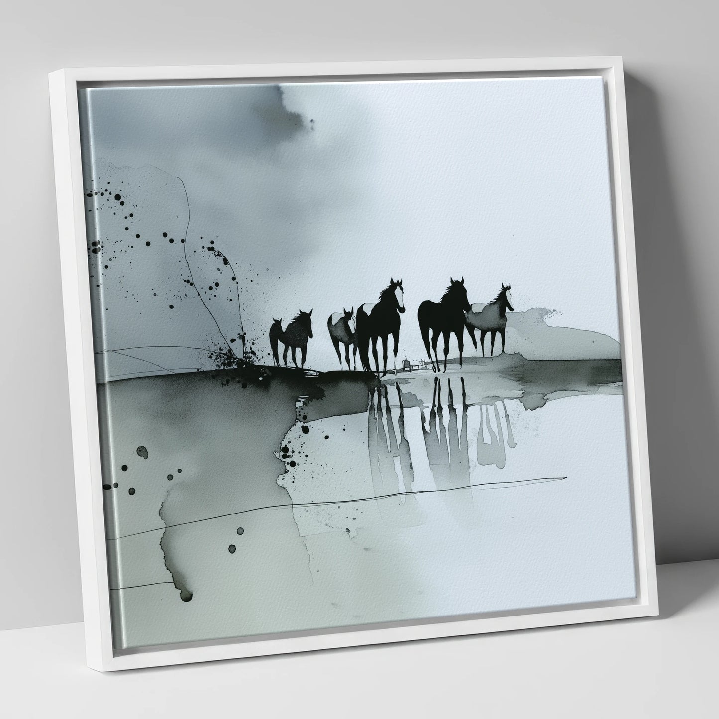 Reflections of the Wild Herd wild horses canvas wall art in white frame
