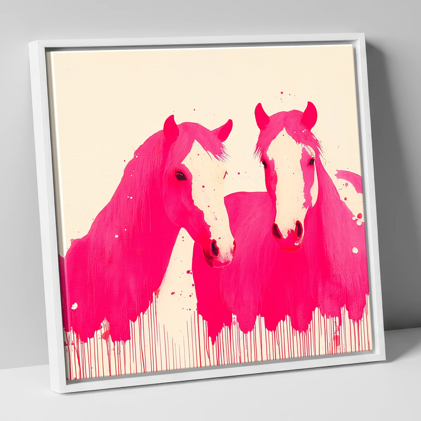 Vivid Magenta Pair horse landscape canvas wall art in white frame