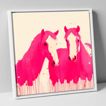Vivid Magenta Pair horse landscape canvas wall art in white frame