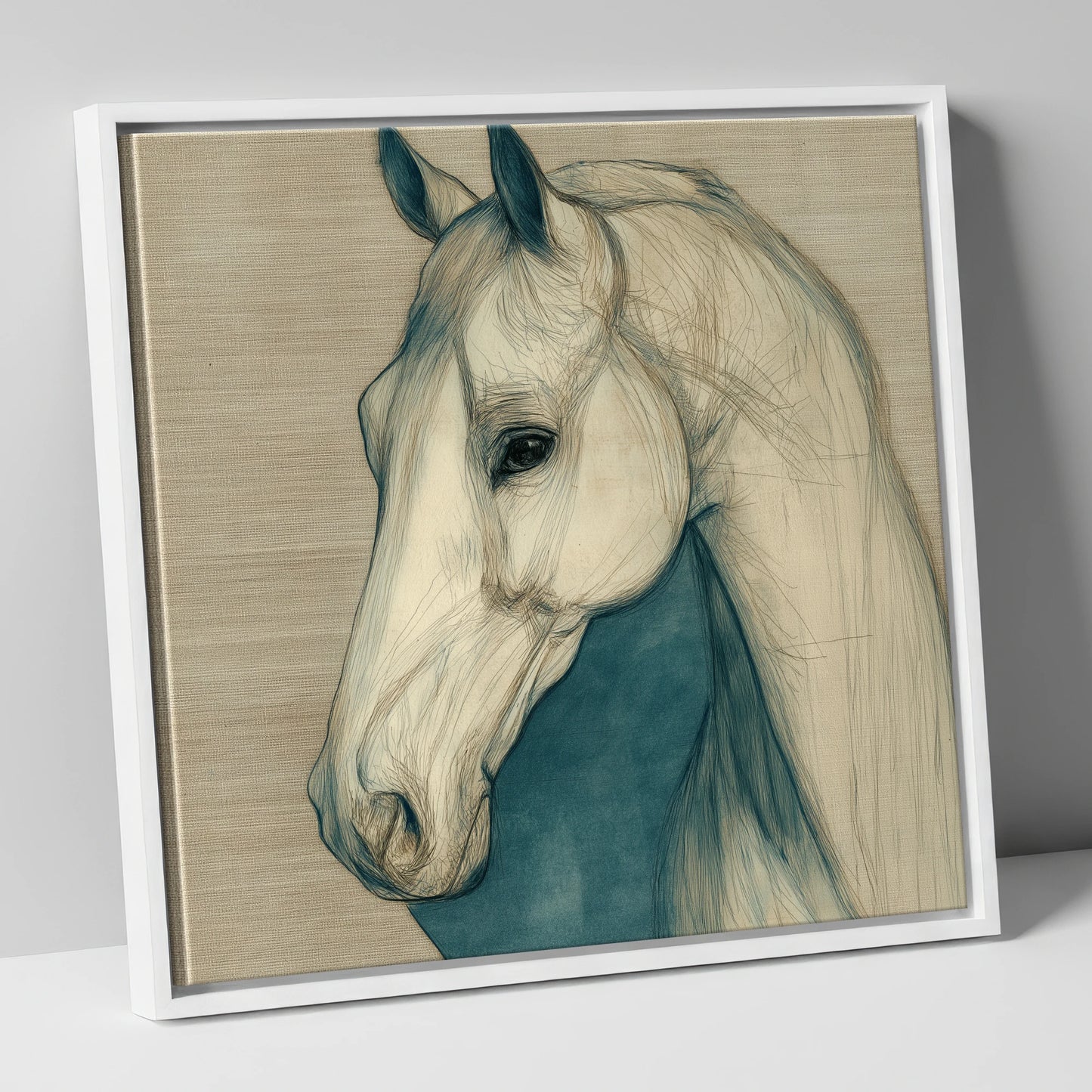 Serene Profile Sketch horse portrait canvas wall art in white frame