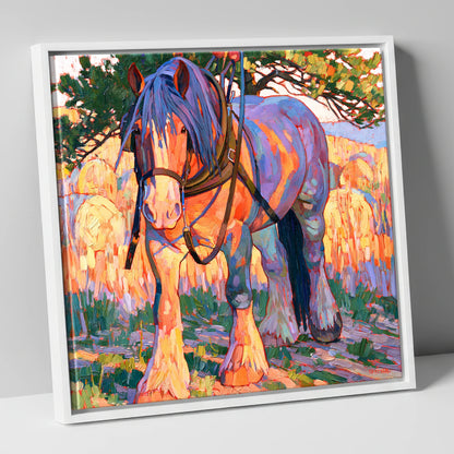 Colourful Heavy Horse In Harness horse breed canvas wall art in white frame
