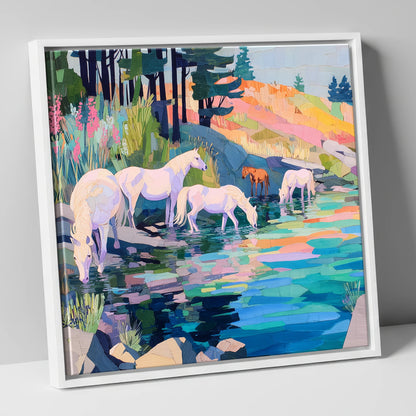 Kaleidoscope Watering Hole wild horses canvas wall art in white frame