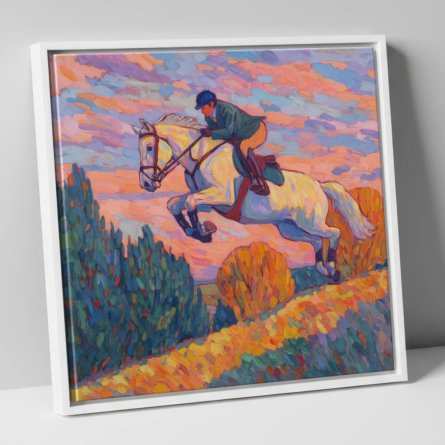 Airborne at Dusk show jumping horse canvas wall art in white frame