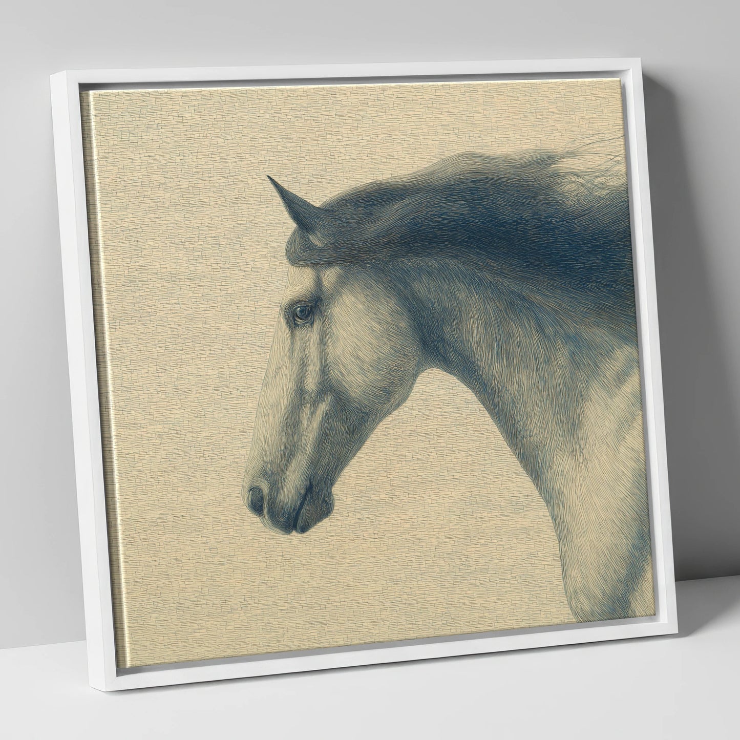 The Slate Blue Stallion horse breed canvas wall art in white frame