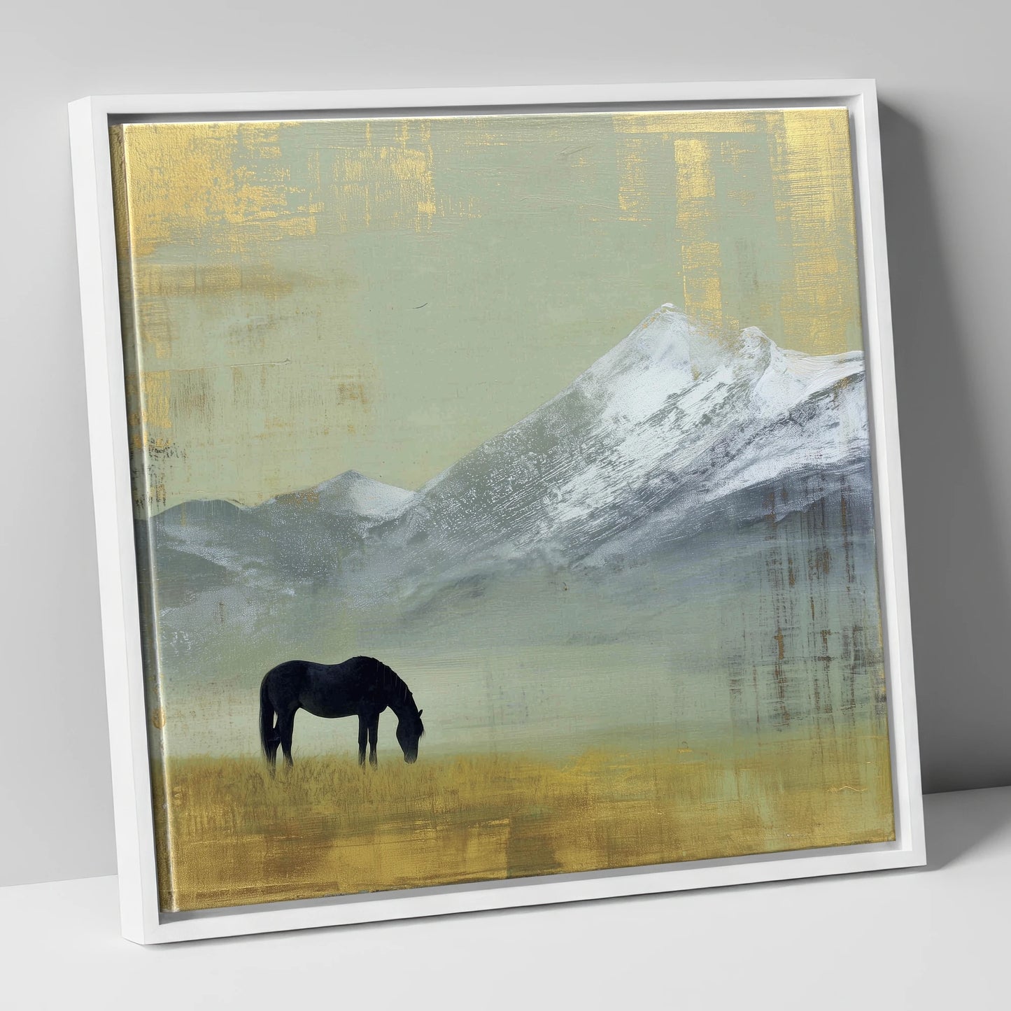 Gilded Mountain Solitude horse landscape canvas wall art in white frame