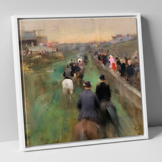 The Paddock Procession racing horse canvas wall art in white frame
