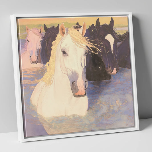 Luminous River Herd wild horses canvas wall art in white frame