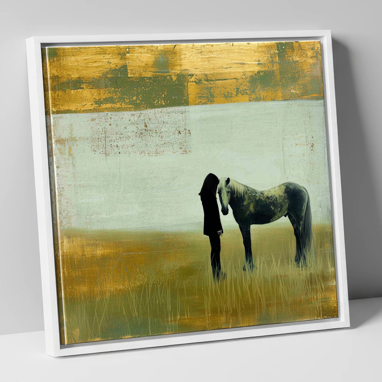 Silent Understanding horse & rider canvas wall art in white frame