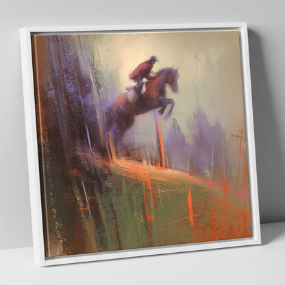 Flight Through the Haze show jumping horse canvas wall art in white frame