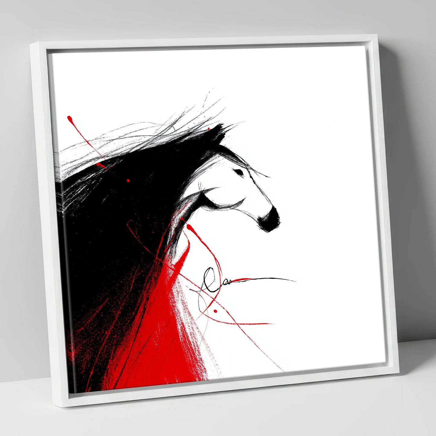 Crimson Spirit Silhouette horse portrait canvas wall art in white frame