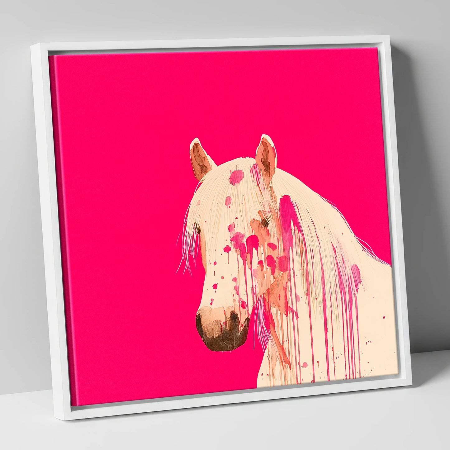 Modern Magenta Equine horse portrait canvas wall art in white frame