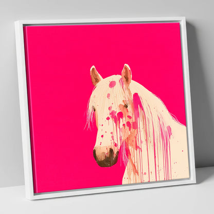 Modern Magenta Equine horse portrait canvas wall art in white frame